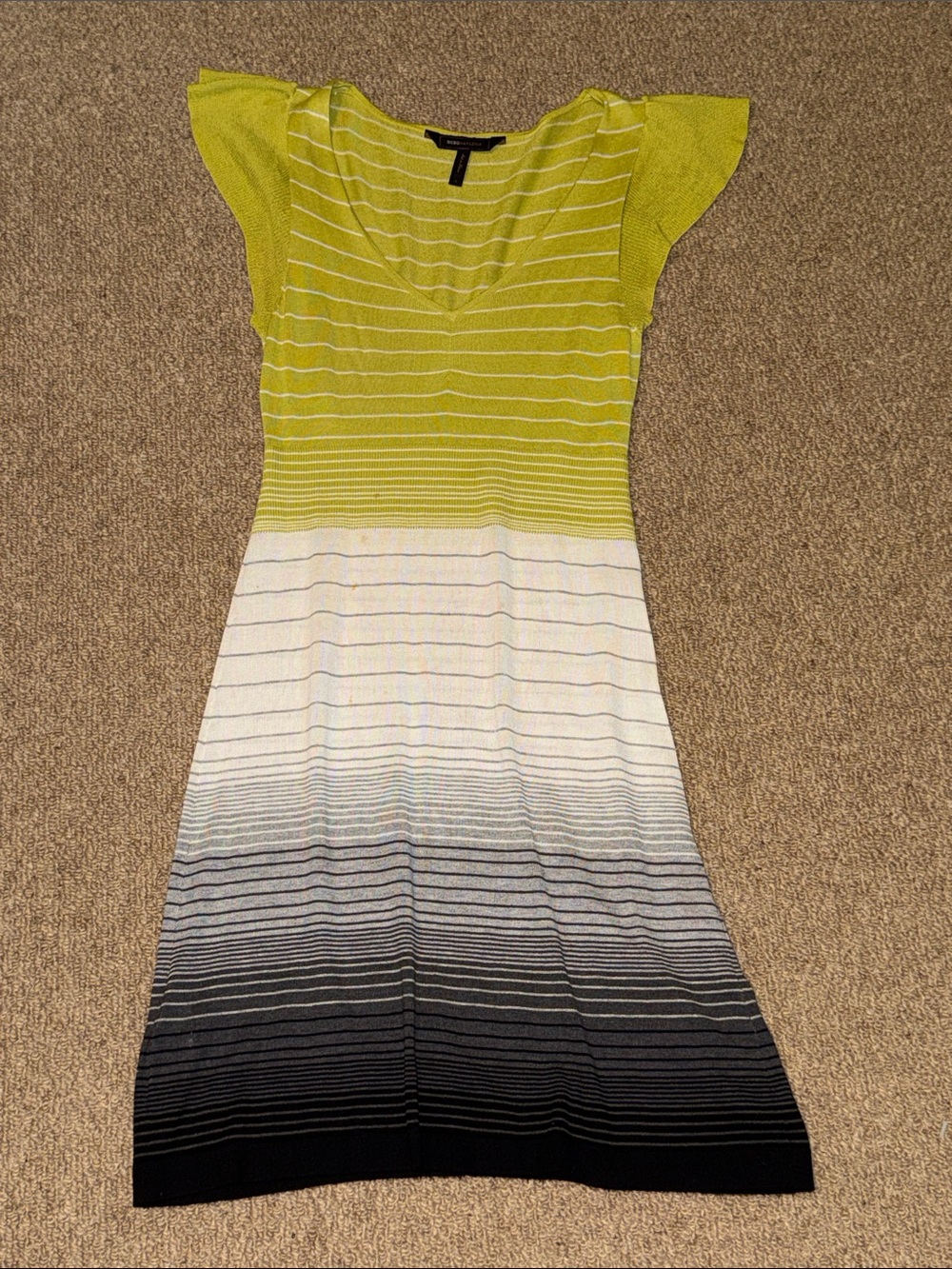 BCBGMaxAzria Lime, White and Gray Ombre Striped Midi Dress S